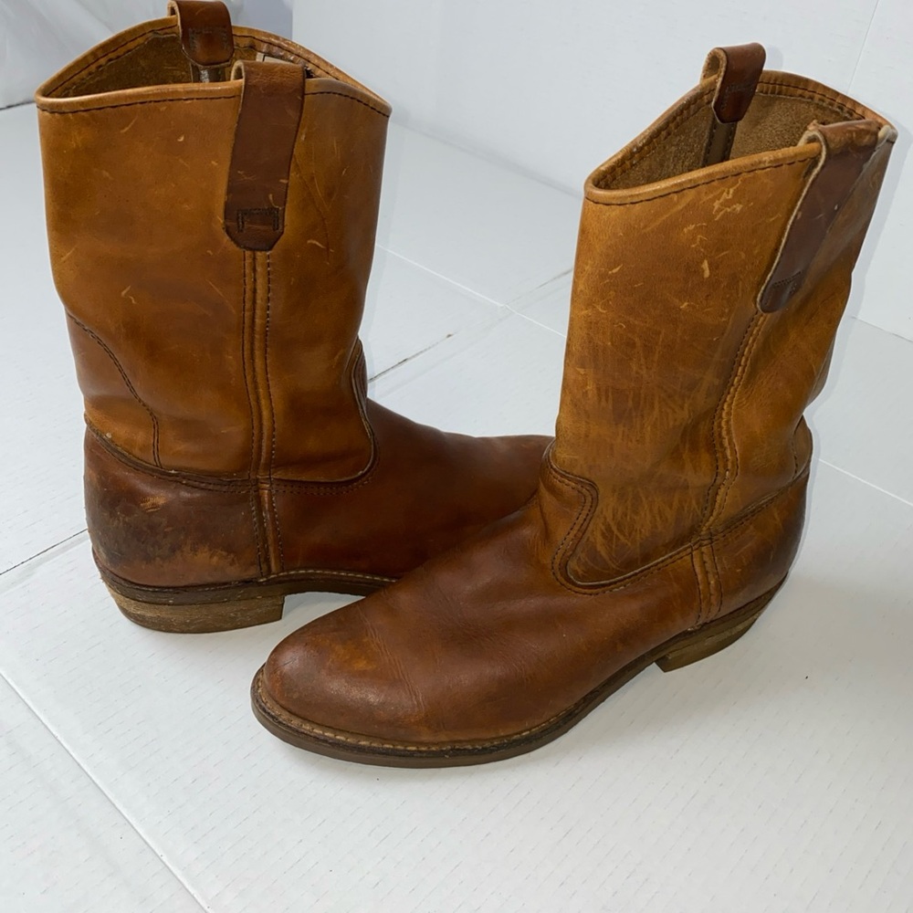 Red Wing Shoes Brown Cowboy Boots with Leather Material and Mid-Calf Height